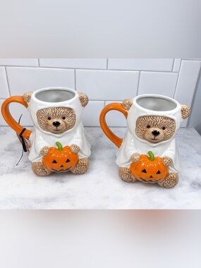 Creepy Critters Teddy Bear ghost Holding Pumpkin Halloween Mug 27oz Set Of 2 NWT